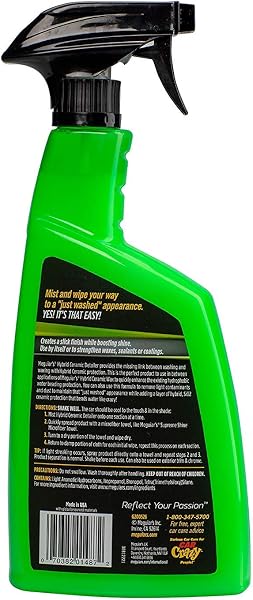 Close-up of the Meguiar's Hybrid Ceramic Detailer bottle showing the spray nozzle and liquid.