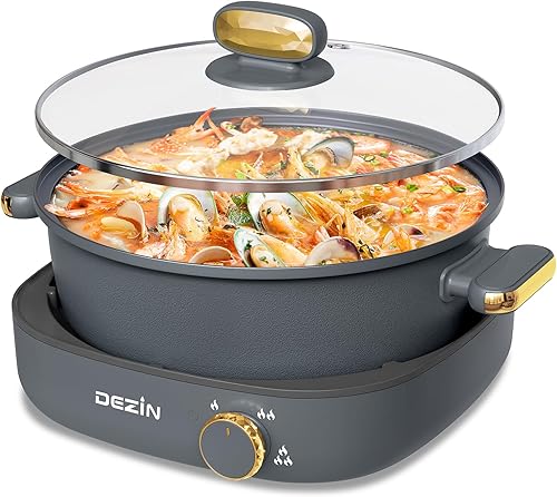 Dezin Olla eléctrica Shabu Shabu con olla extraíble, olla caliente antiadherente de 4 litros con control de doble potencia, olla eléctrica con tapa