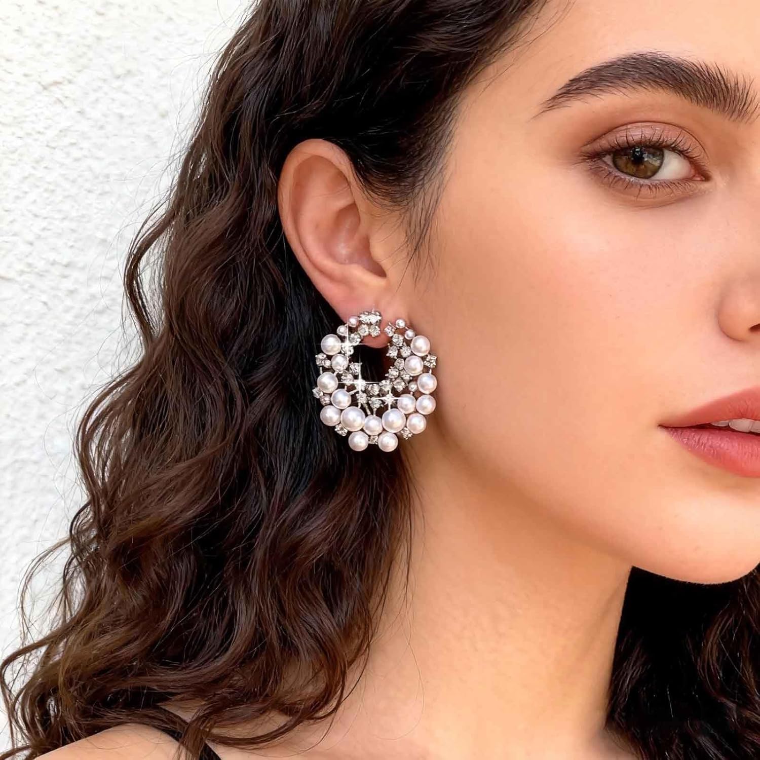Boho Multi Cz Flower Pearl Stud Earrings Silver Cluster Crystal Pearl Hoop Earring Cz Pearls Cluster Earring Round White Bead Earrings Bridal Pearls Earrings Jewelry for Women - Image 4