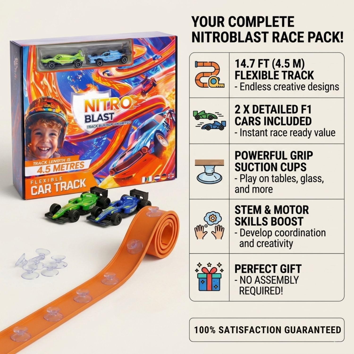 NITROBLAST© | Circuit Voiture Flexible | Cadeau Garcon 3 4 5 6 7 8 Ans | Jeu Fun| Jouet Compact| Idee Anniversaire Enfant Noel Saint Nicolas| Piste de Course F1 avec Ventouses | Compatible Hot Wheels