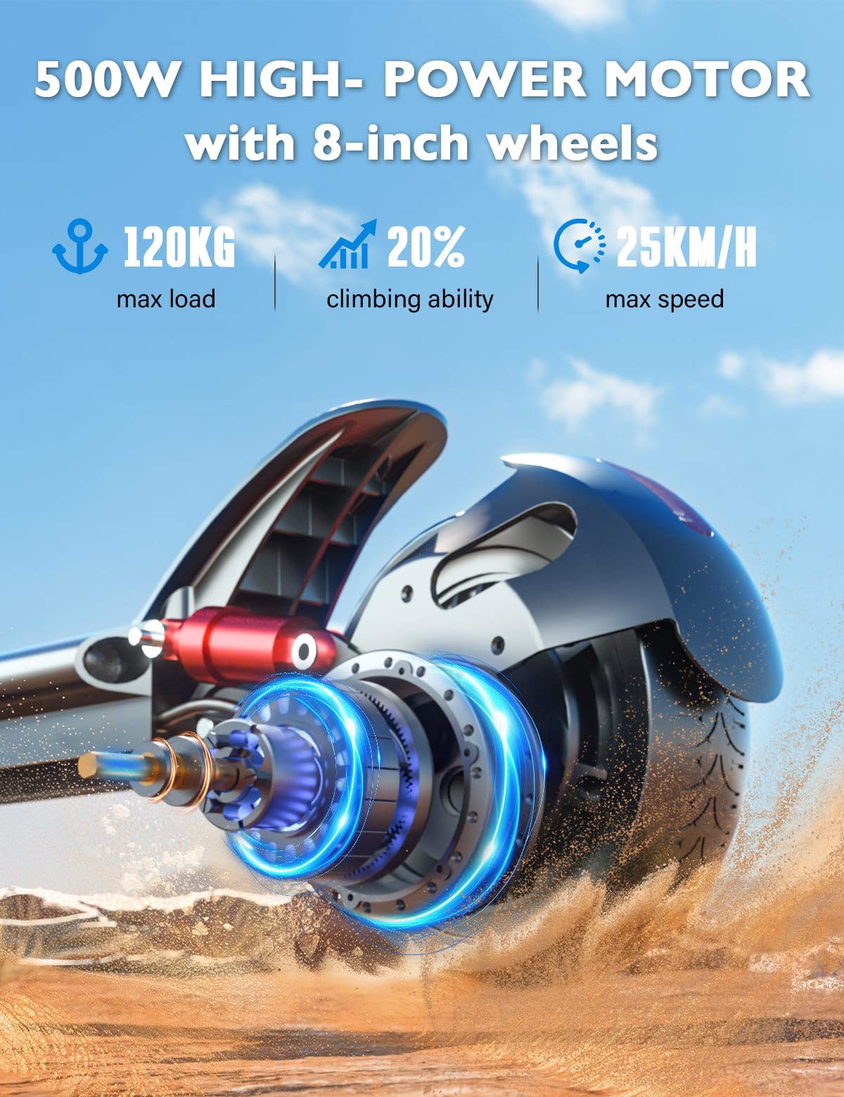 Trottinette Electrique Adulte, Scooter électrique Tout-Terrain Moteur sans balais 500W / 25KM/H, Pliable et réglable en Hauteur, Affichage LED & APP, Double Suspension, Freins à Tambour.
