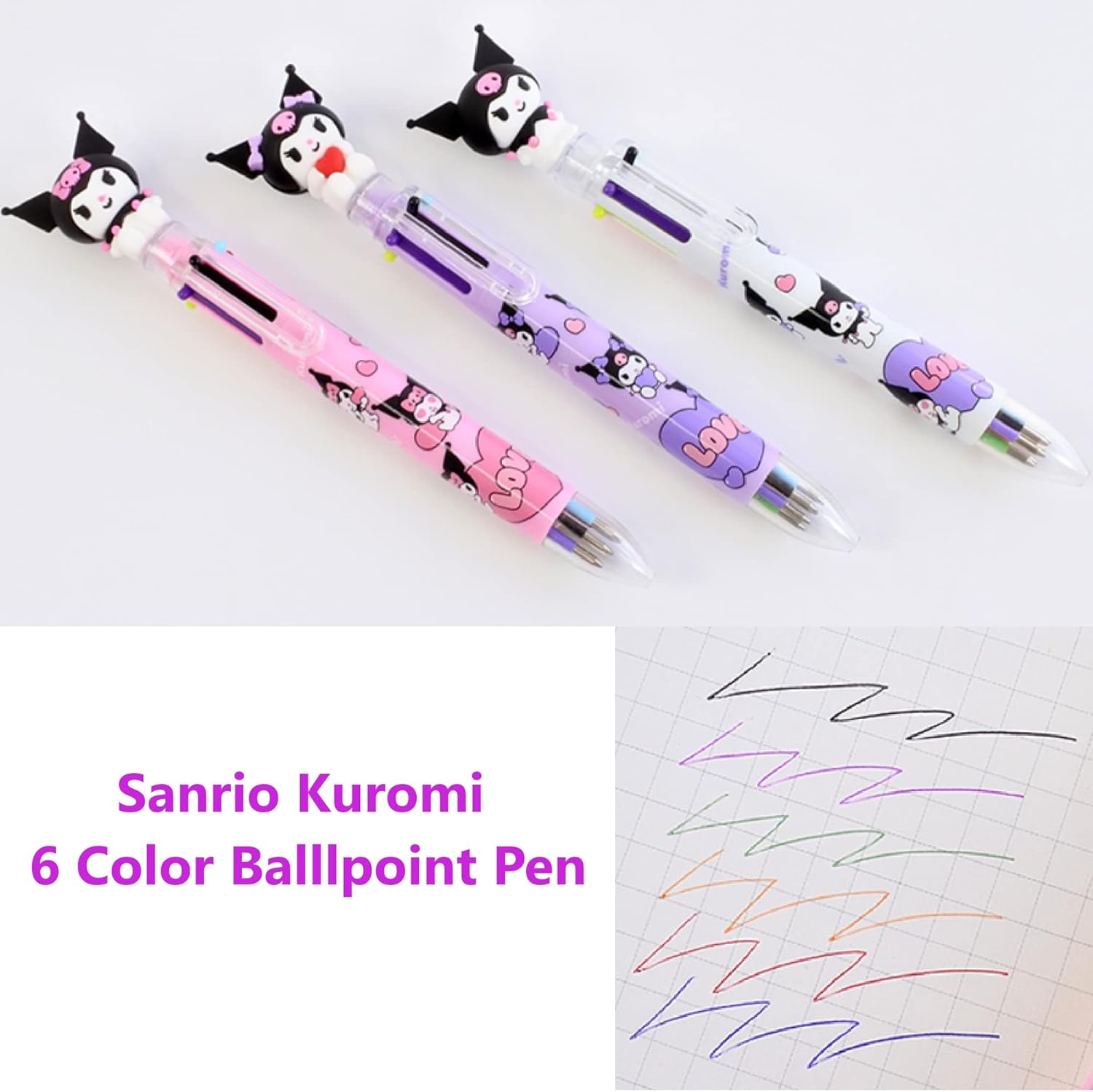 Kuormi-Bunny Mascot Figure Ballpoint Pen - Multi-Color Ink Pens - Black, Blue, Red, Orange, Green, Purple - Fun Collectible Stationery for Adult (3 Pack Pink, Purple, & White)