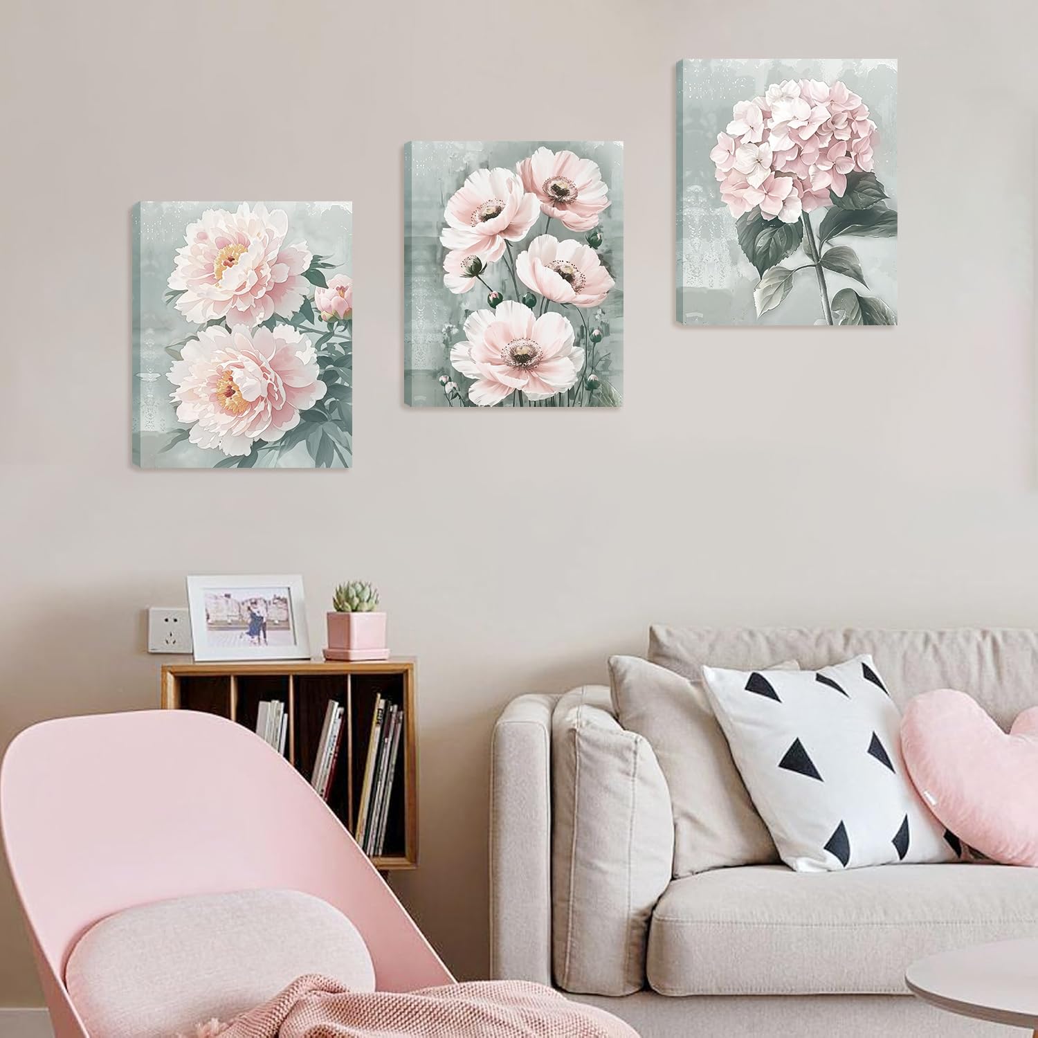 KAIRNE Pink Flowers Wall Art Grey Pink Floral Canvas Prints (11.8”X15.6,Framed) Hydrangeas Blossom Wall Canvas Painting Modern Romantic Poster for Women's Girl's Bedroom Living Room Bathroom 3PCS - Image 4