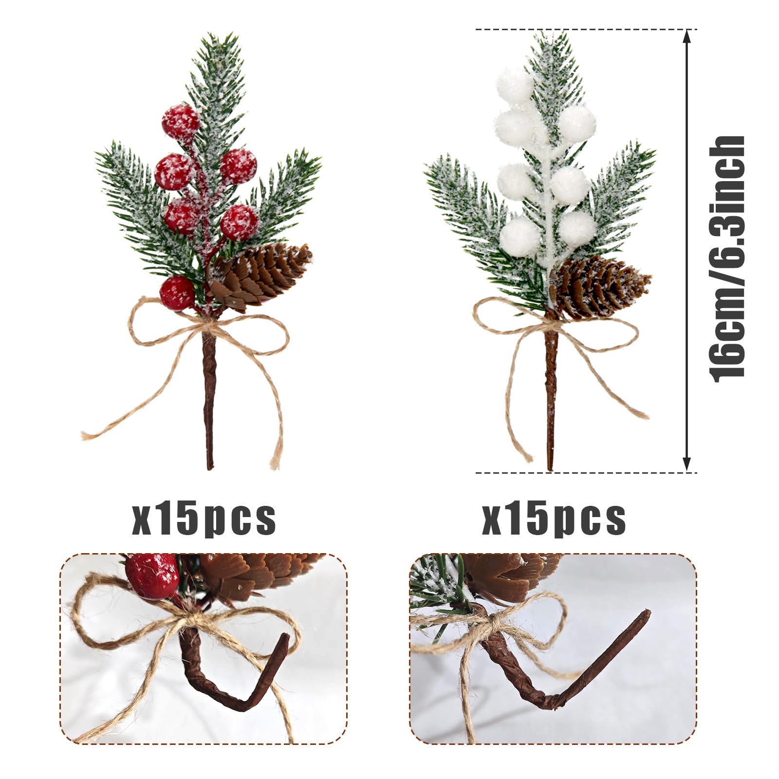 Künstliche Tannenzapfen, 15,2 cm, beflockte Stechpalme, rote und weiße Beeren, Weihnachtsspieße und Sprays, künstliche Blumenplektren mit Tannenzapfen für DIY-Geschenke, Blumenarrangements, 30