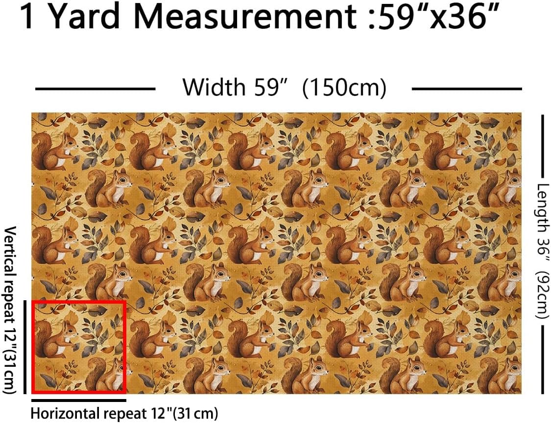 Squirrel Animal Waterproof Decorative Fabric by The Yard,Kawaii Jungle Wildlife Indoor Outdoor Upholstery Fabric,Watercolor Fall Leaves Sewing DIY Upholstery,3 Yards,108" L x 59" W