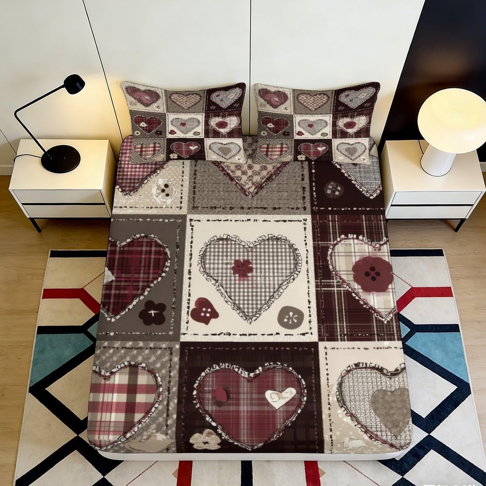 3D Printed Patchwork Heart Fitted Sheet Microfiber Soft Non-Slip Romantic Plaid Bed Cover for Bedroom Guestroom Decor 90x200x25cm