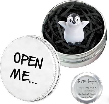 Positive Penguin Good Luck Gift in a Tin - Mini Penguin Figurine with 'Open Me' Box, Spiritual & Emotional Support Gift for Women, Romantic Penguin Gifts for Him or Valentine's Day