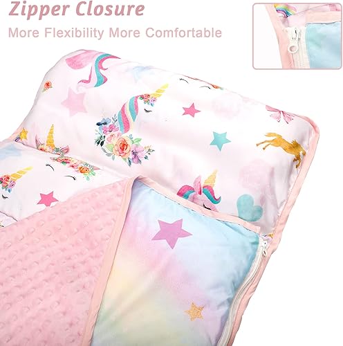Miniatura 5 de Tapete para siesta para niños pequeños con almohada extraíble y manta suave de lunares Minky Pea Pod Kids de unicornio, bolsas de dormir enrolladas