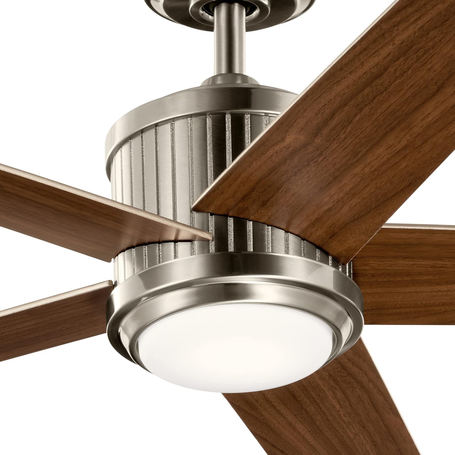 Kichler 56 inch Brahm LED Ceiling Fan with Etched Cased Opal Glass in Brushed Stainless Steel with Reversible Silver and Walnut Blades