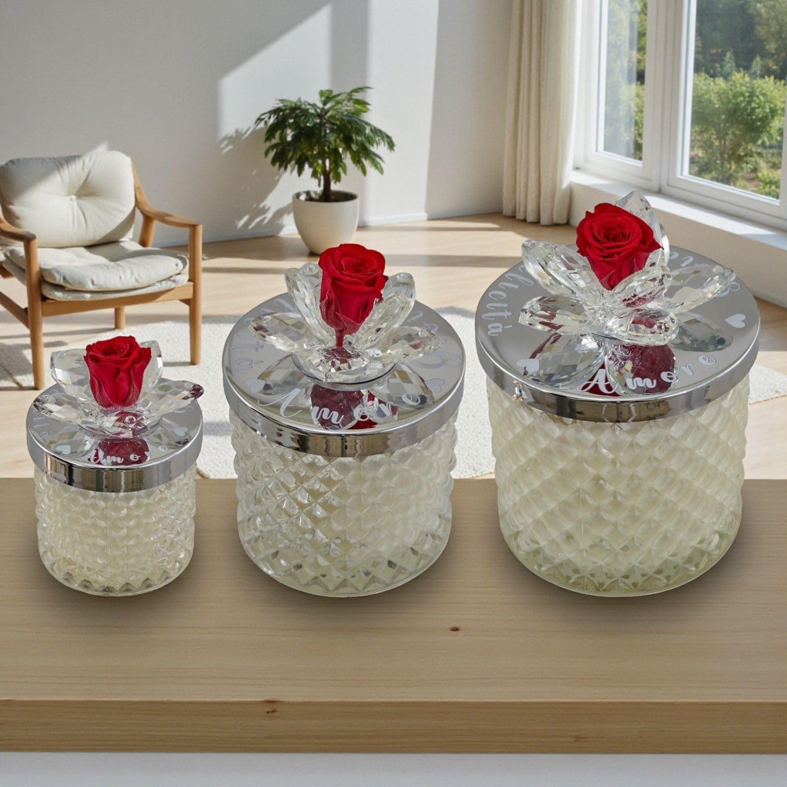 Doni Bomboniere 1 bougie en cristal parfumée fleur rouge et argent pour communion, confirmation, cadeau maître, fin d'année, fête des mères, boîte en verre cœur