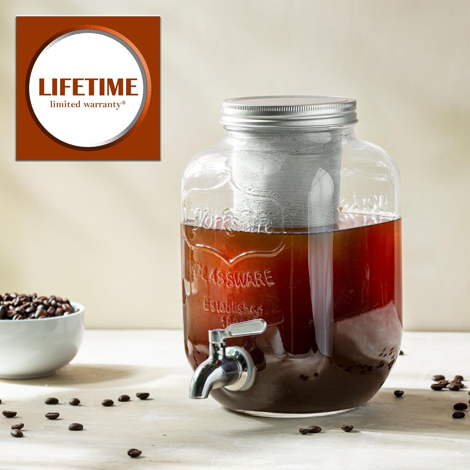 1 Gallon Cold Brew Coffee Maker - 3rd Generation Fine Mesh Filter - Stainless Steel Spigot - Extra Thick Large Glass Mason Jar Drink Dispenser Carafe, Iced Coffee Maker & Sun Tea Pitcher with Infuser.