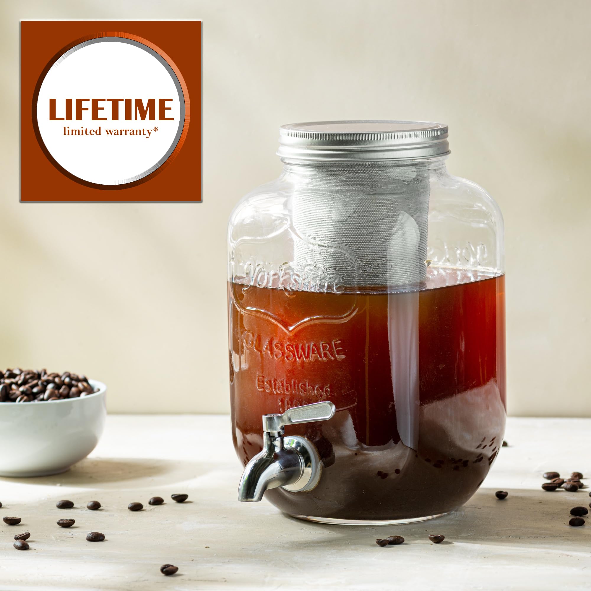 Cafetera fría de 1 galón – Filtro de malla fina de 3ª generación – Espiga de acero inoxidable – Tarro de vidrio grande extra grueso dispensador de bebidas jarra, cafetera helada y jarra de té solar 5
