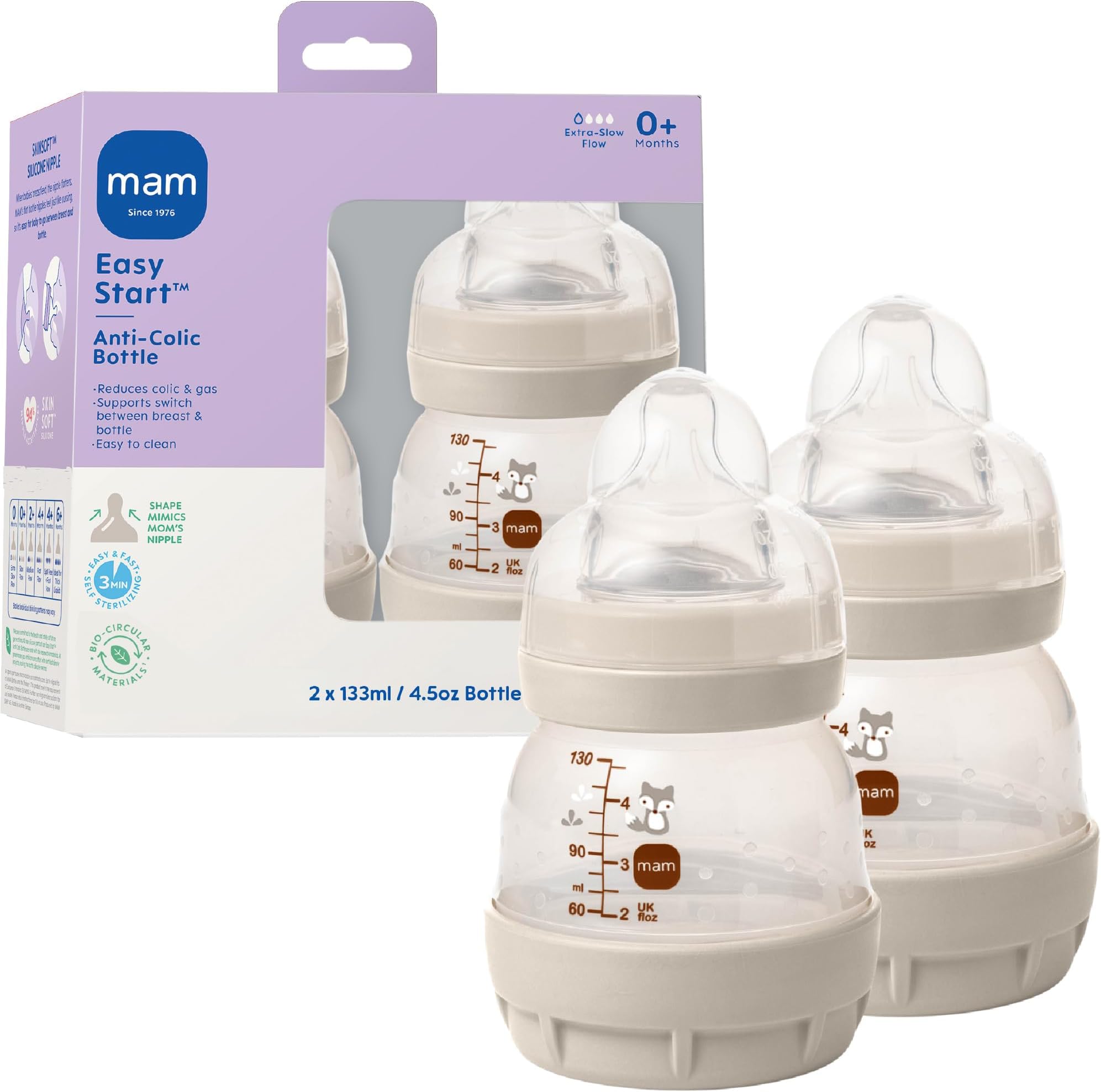 MAM Easy Start Anti-Colic Baby Bottle, Slow Flow, Breastfeeding-Like Silicone Bottle, Reduces Colic, Gas, & Reflux, Easy-to-Clean, BPA-Free, Vented Baby Bottles for Newborns, 0-3 Months