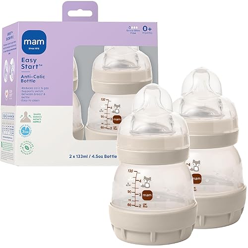 MAM 4.5oz Easy Start Anti-Colic Wide Neck Vented Baby Bottle, Extra Slow Flow Breastfeeding-Like Silicone Nipple, Reduces Colic, Gas & Reflux, Easy to Clean, BPA Free, 0+ Months, Made in Europe