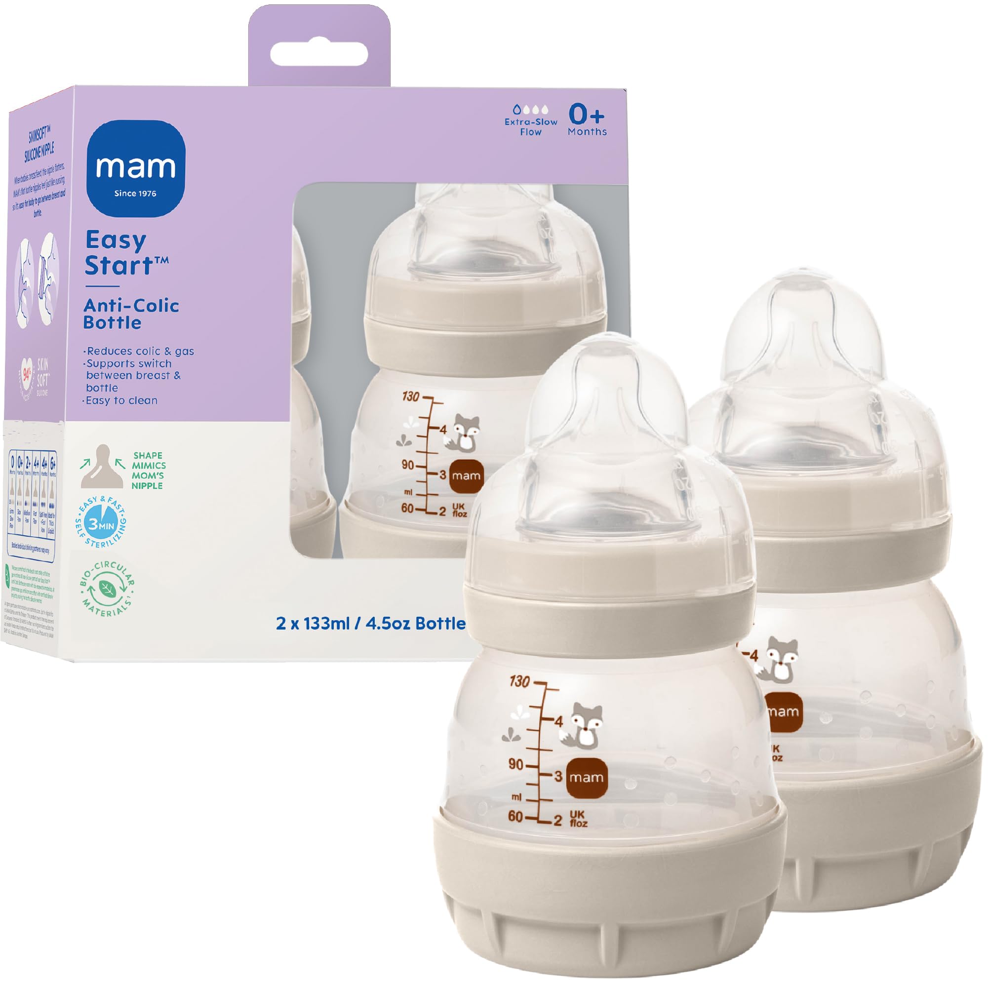Easy Start Anti-Colic Baby Bottles, Extra Slow Flow, Breastfeeding-Like Silicone Nipple Bottle, Reduces Colic, Gas, & Reflux, Easy-to-Clean, BPA-Free, Vented Baby Bottles for Newborns, 0-3 Months