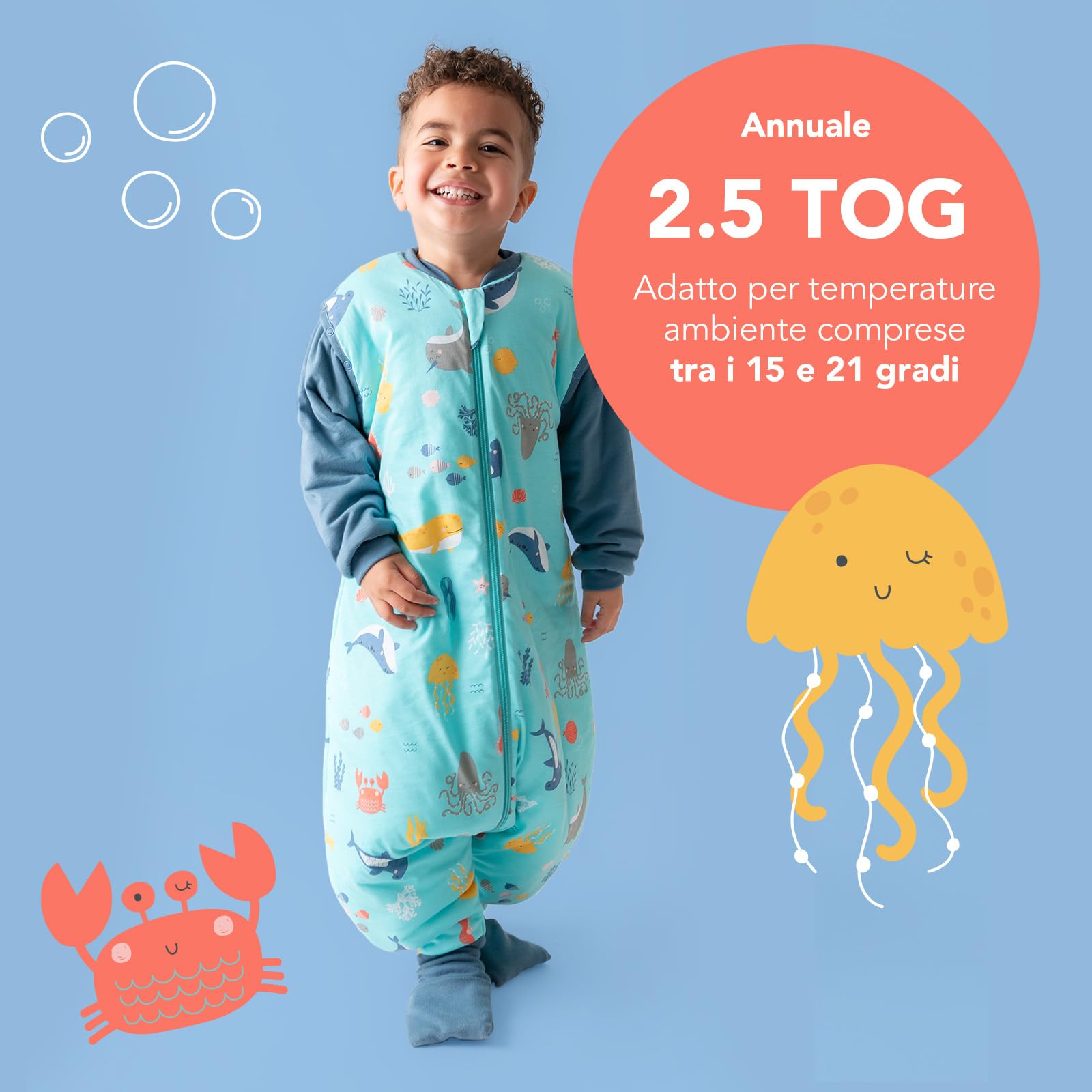 schlummersack Slumbersac Sacco nanna con piedini bambini 2.5 Tog 90 cm Animali marini I Sacco nanna con gambe per dimensione del corpo 90-100 cm | Sacco nanna maniche rimovibili