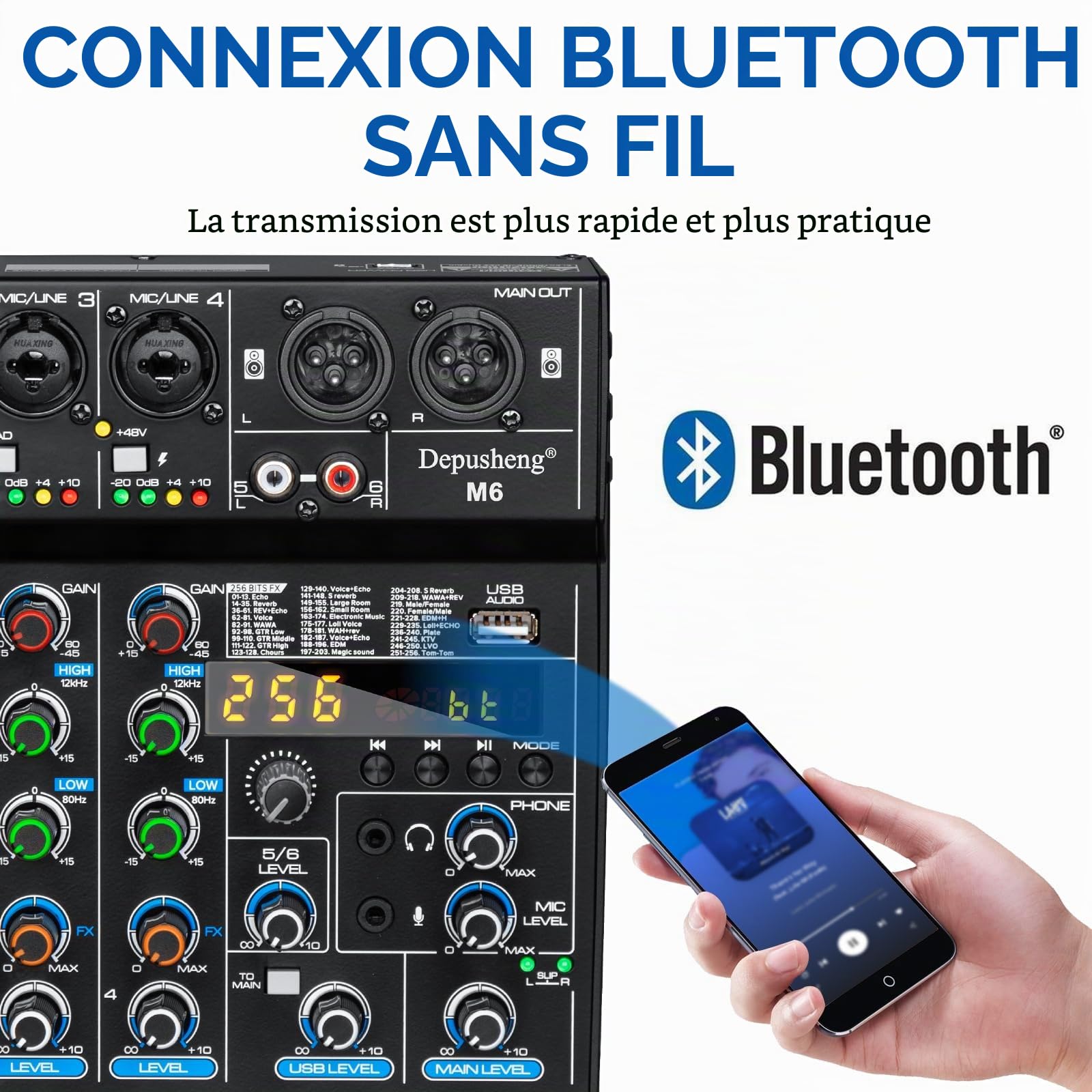 Depusheng M6 DJ Mixer portable MP3 Bluetooth 6 canaux Audio Table de mixage intégrée 256 effets numériques Interface USB pour l'enregistrement informatique en direct Streaming Podcasting Karaoké