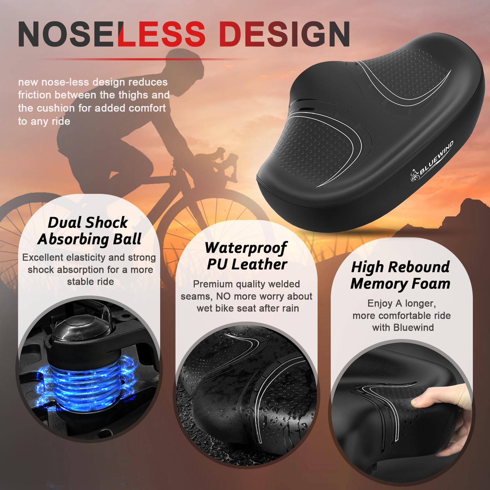 BLUEWIND Nuevo asiento de bicicleta de gran tamaño sin nariz, sillín de bicicleta ancho, diseño novedoso para bicicleta eléctrica, ajuste universal, bicicleta estática o bicicleta estacionaria de