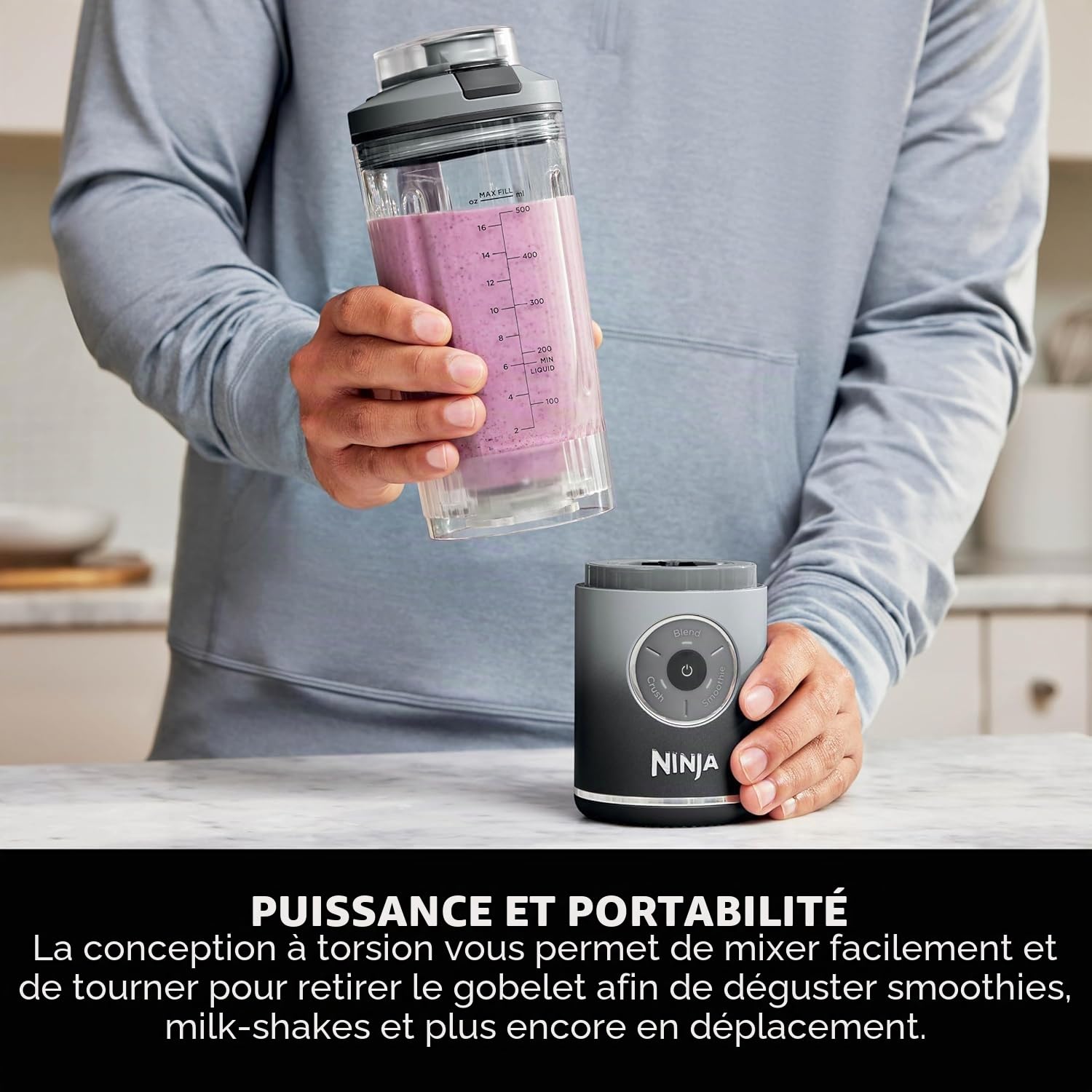 Ninja Blast Max BC251EUGY Mixeur portable, 570 ml, batterie rechargeable, tasse de mélange et couvercle anti-fuite, 3 fonctions de mélange, permet de préparer des smoothies, des boissons protéinées