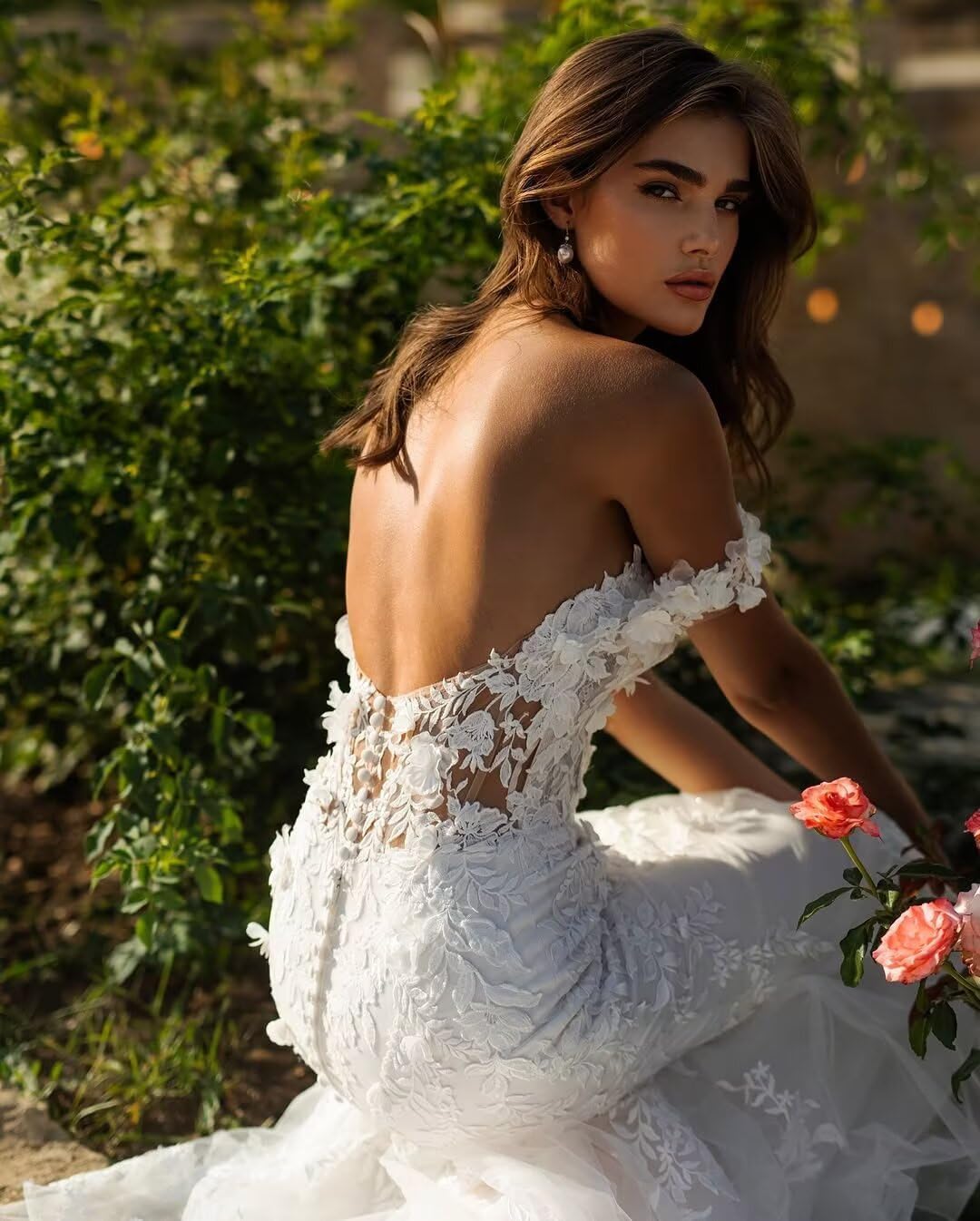 Zeeyecie Off Shoulder Tulle Wedding Dresses Mermaid Lace Applique V-Neck Bridal Gowns with Train for Brides - Image 4