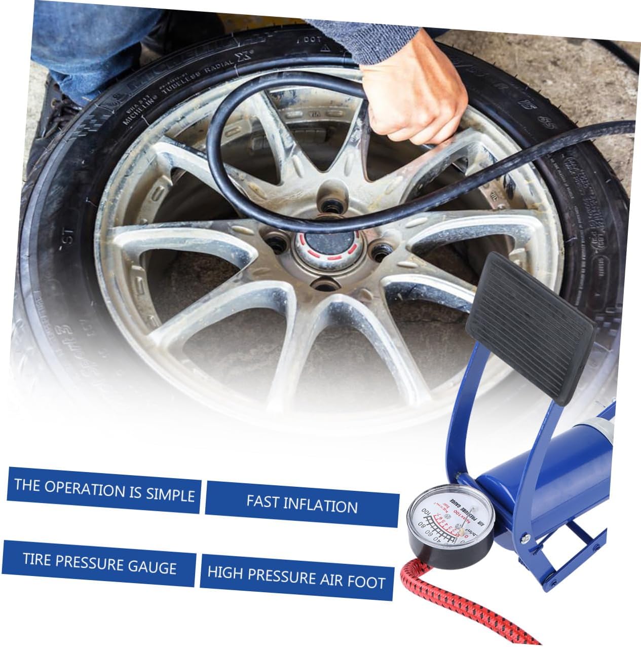 Portable High-Pressure Foot Pump with Pressure Gauge for Car Bike Motorcycle Tires and Inflatable Beds Lightweight Multi-Valve Floor Inflator for Accurate Tire Psi Maintenance