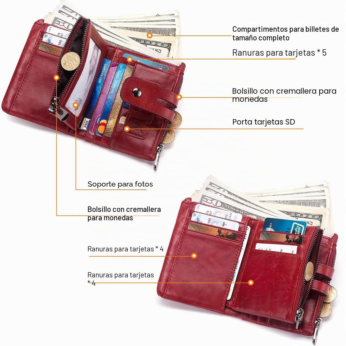 REETEE Cartera Mujer Piel Bloqueo RFID Monedero de Cuero Pequeño Mujer 16 Ranuras para Tarjetas Mujer Carteras con Cremallera Compartimiento Múltiple Billetera Bifold Mujeres
