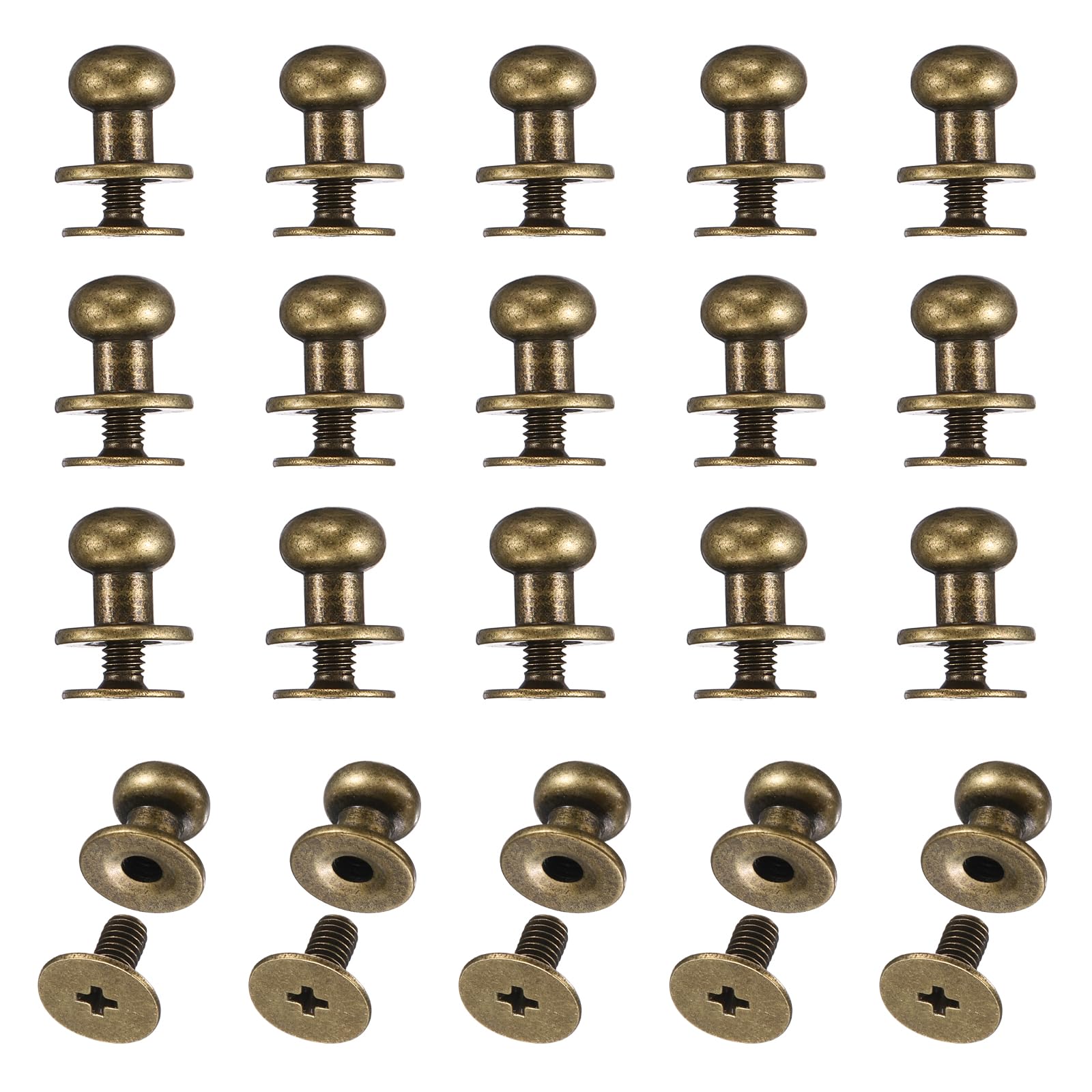 sourcing map 20set Round Head Button Stud Screw 8mm Brass Chicago Screws Button Stud Rivets for Leather DIY Craft Leather Belt Wallet Handbag Repairs Decoration, Bronze