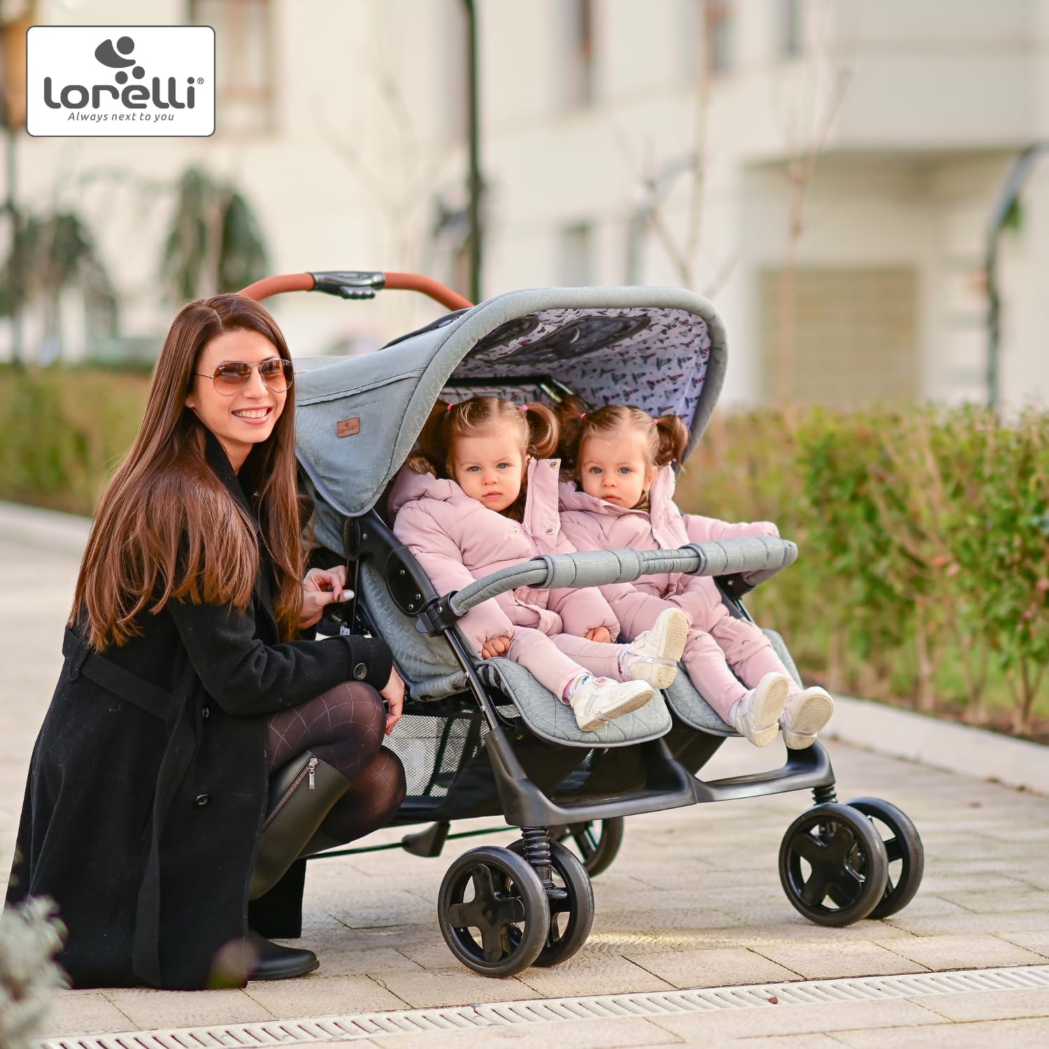 Close-up of the stroller's swiveling front wheels