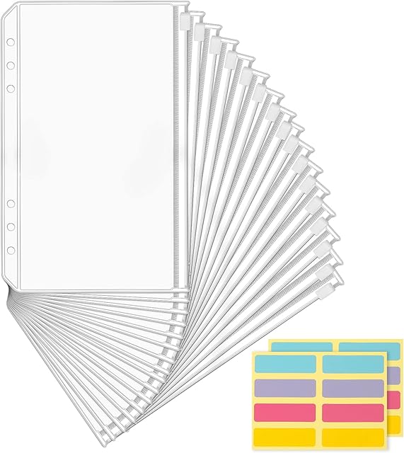 KTRIO 16PCS A6 Binder Pockets 6 Holes, A6 Plastic Wallet Money Binder for Cash Saving Cash Envelopes, Plastic Budget Zipper Folders Waterproof Loose Leaf Bags for A6 Budget Binder Notebook