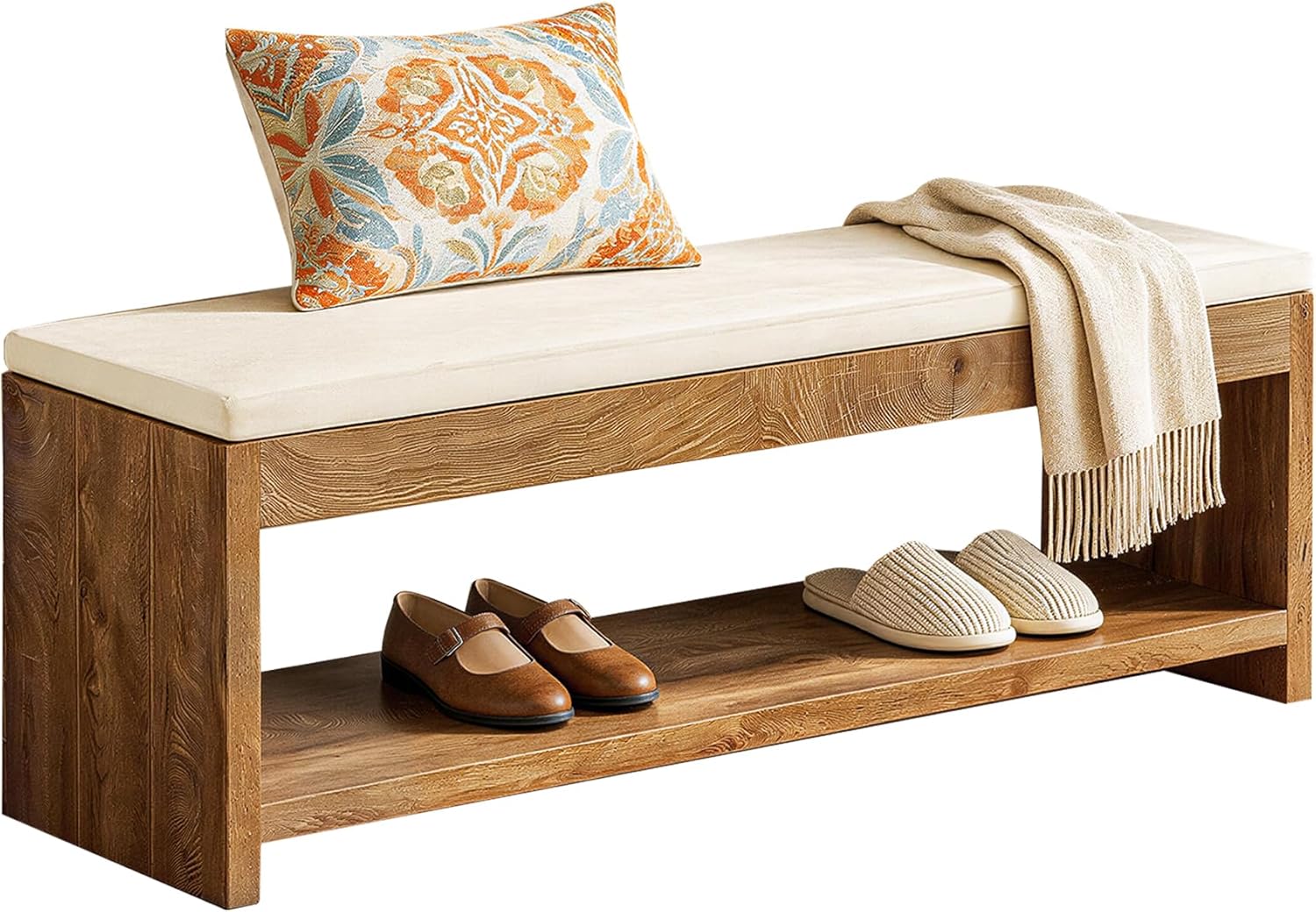 Tribesigns Entryway Bench with Storage, 55.1-Inch Wooden Shoe Bench with Cushion and Shoe Rack for Living Room Hallway