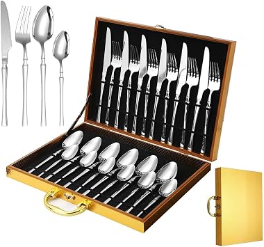 Silverware Flatware Set, 24-piece Steak Knife And Fork Set For 6 People, Thin Stainless Steel Cutlery, Knife, Fork And Spoon, Golden Wooden Box SetSilver
