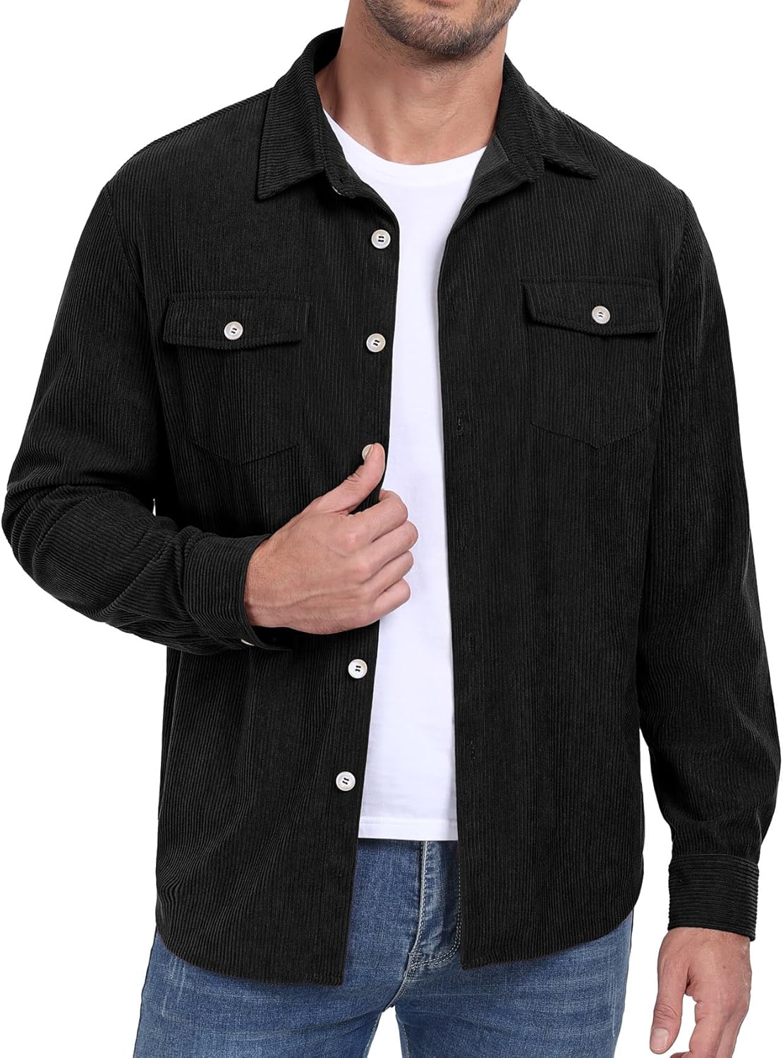 Askdeer Men's Corduroy Button Down Shirts Long Sleeve Casual Shacket Jacket Western Corduroy Shirt Jacket with Flap Pockets - Image 5
