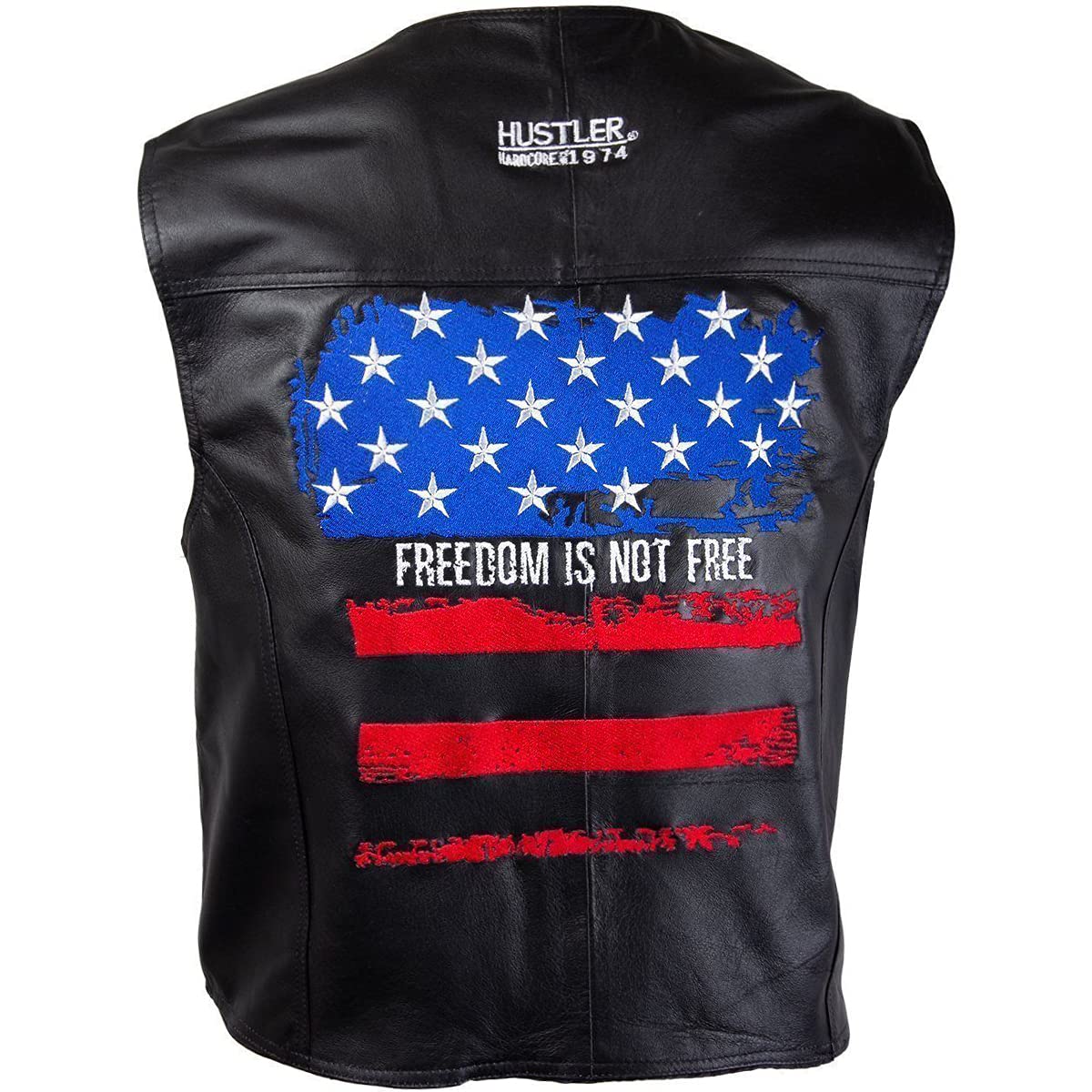 Xelement HSVT 210 Hustler US Flag Motorcycle Leather Vest For Men - Freedom is Not Free - Premium Genuine Biker Club Gilet (X-Large)