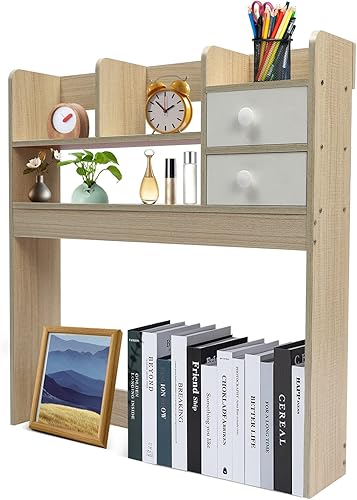 Gdrasuya10 Organizador de estantería de escritorio, estante de almacenamiento de escritorio de oficina de MDF con 2 cajones, estantería multiusos