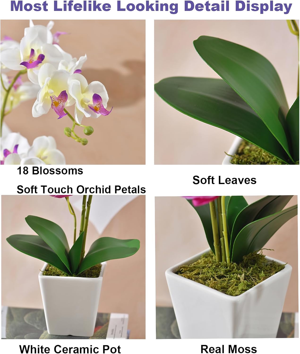 Faux Orchid in Vase Tall Artificial Orchid in Ceramic Vase Tall Silk Orchids with Stems Real Look Potted Fake Phalaenopsis Arrangement Centerpiece Table Decorations for Home Decor Indoor, White - Image 2