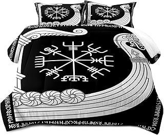LUVIVIHOME 3PCS Viking Comforter Set Full Size, Man Cave Nautical Dragon Head Viking Ship Black & White Pirate Warship Scandinavian Runes Compass Vegvisir Norse Mythology Bedroom Decor, 2 Pillow Shams