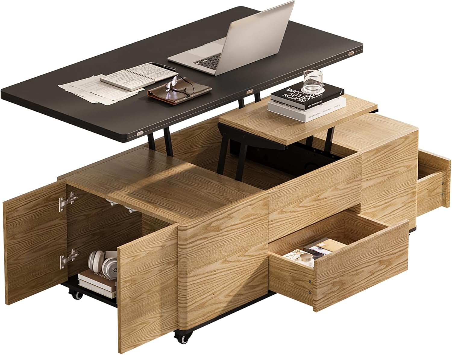 homary Lift-Top Coffee Table 47¡±, Modern Black & Walnut Coffee Table with 3 Drawers, Hidden Storage & Open Shelves, Convertible Dining/Work Table on Lockable Wheels for Small Living Rooms
