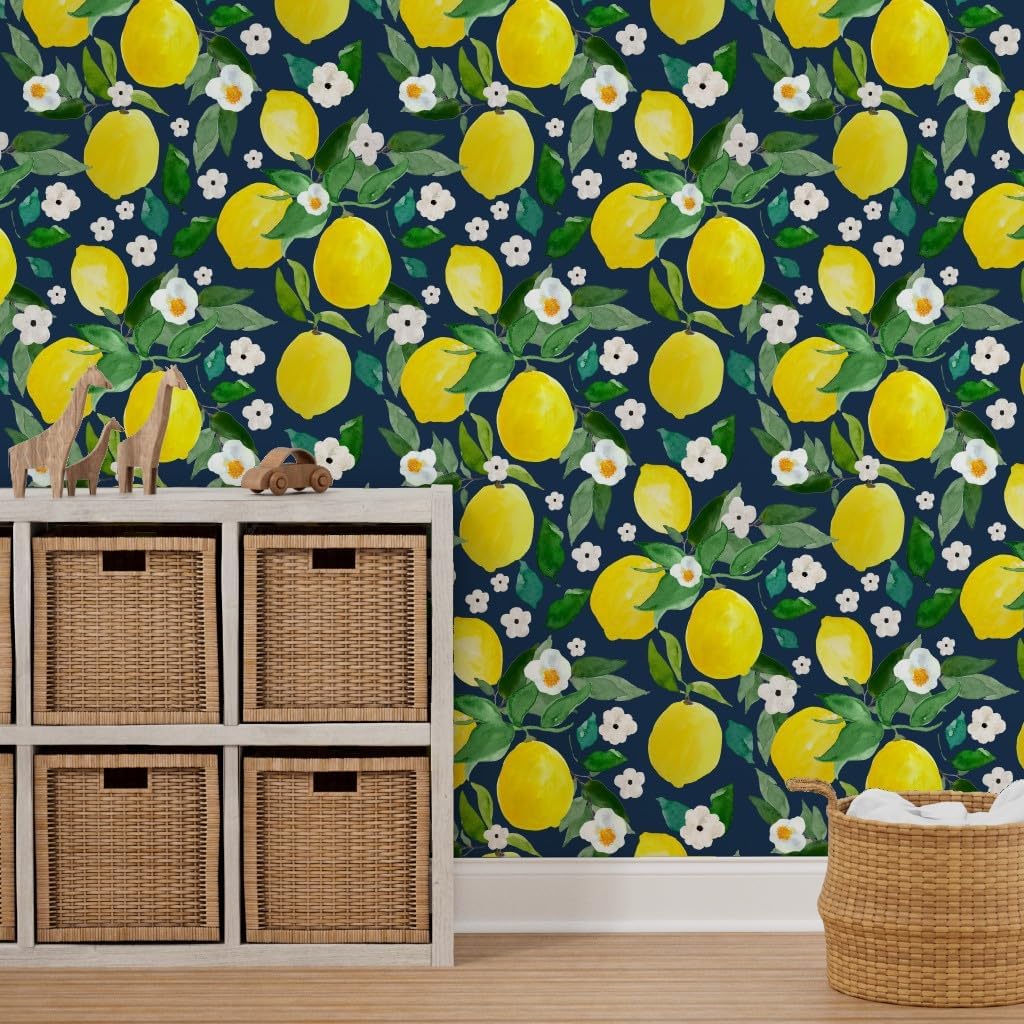 Peel & Stick Wallpaper 3ft x 2ft - Lemon Dark Blue Back Flowers Floral Spring Summer Garden Kitchen Custom Removable Wallpaper by Spoonflower