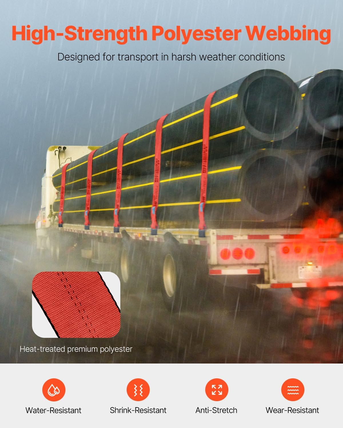 VEVOR Truck Straps, 4" x30' Heavy Duty Tie Down w/Flat Hooks 18,000lbs Break Strength, WLL# 6000lbs, Cargo Straps tie Down for Flatbeds, Trucks, Trailers, Farms, Rescues, Tree Saver, Red(10 Pack) - Image 3