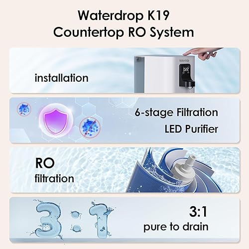 Waterdrop Sistema de ósmosis inversa, sistema de filtro de agua RO para encimera de 4 etapas, sistema de filtración de agua para encimera, 3:1 puro