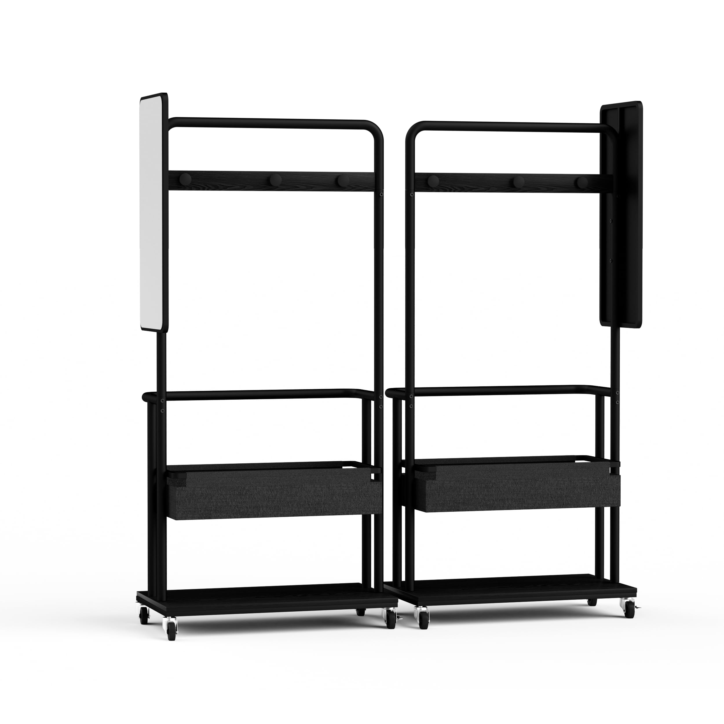 Robuster Kleiderständer aus Metall mit Rollen, 3-in-1-Design mit Korb und Spiegel, Kleiderbügel, mobiler Kleiderständer mit Rollen, geräumiger Garderobenständer, Schwarz, 70 * 40 * 170cm