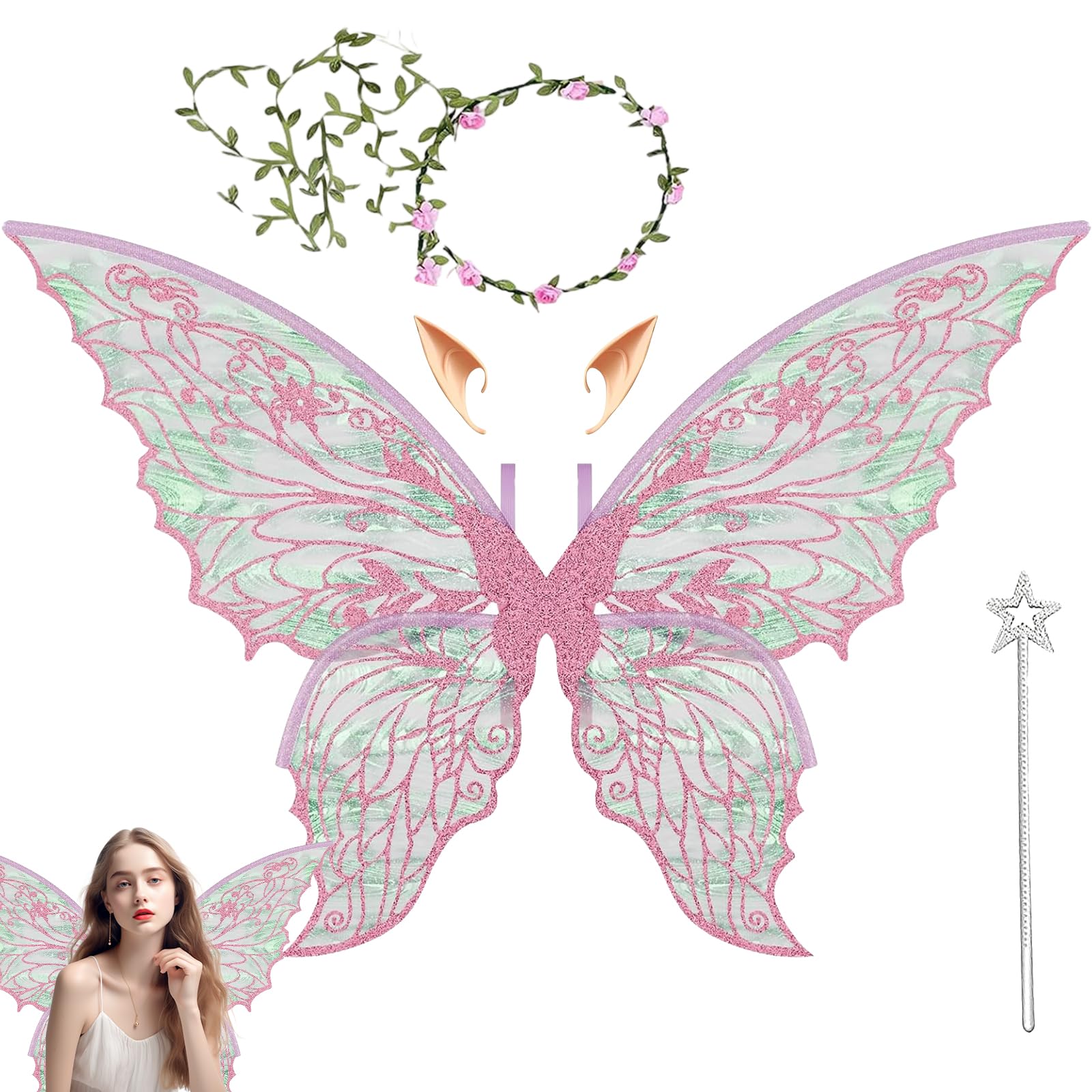 Costume Ali da Fata con Ali da Farfalla, Orecchie da Elfo, Corona di Fiori & Bacchetta Magica – Ali da Fata Bambini & Adulti, Ideale per Halloween, Carnevale, Cosplay & Compleanni
