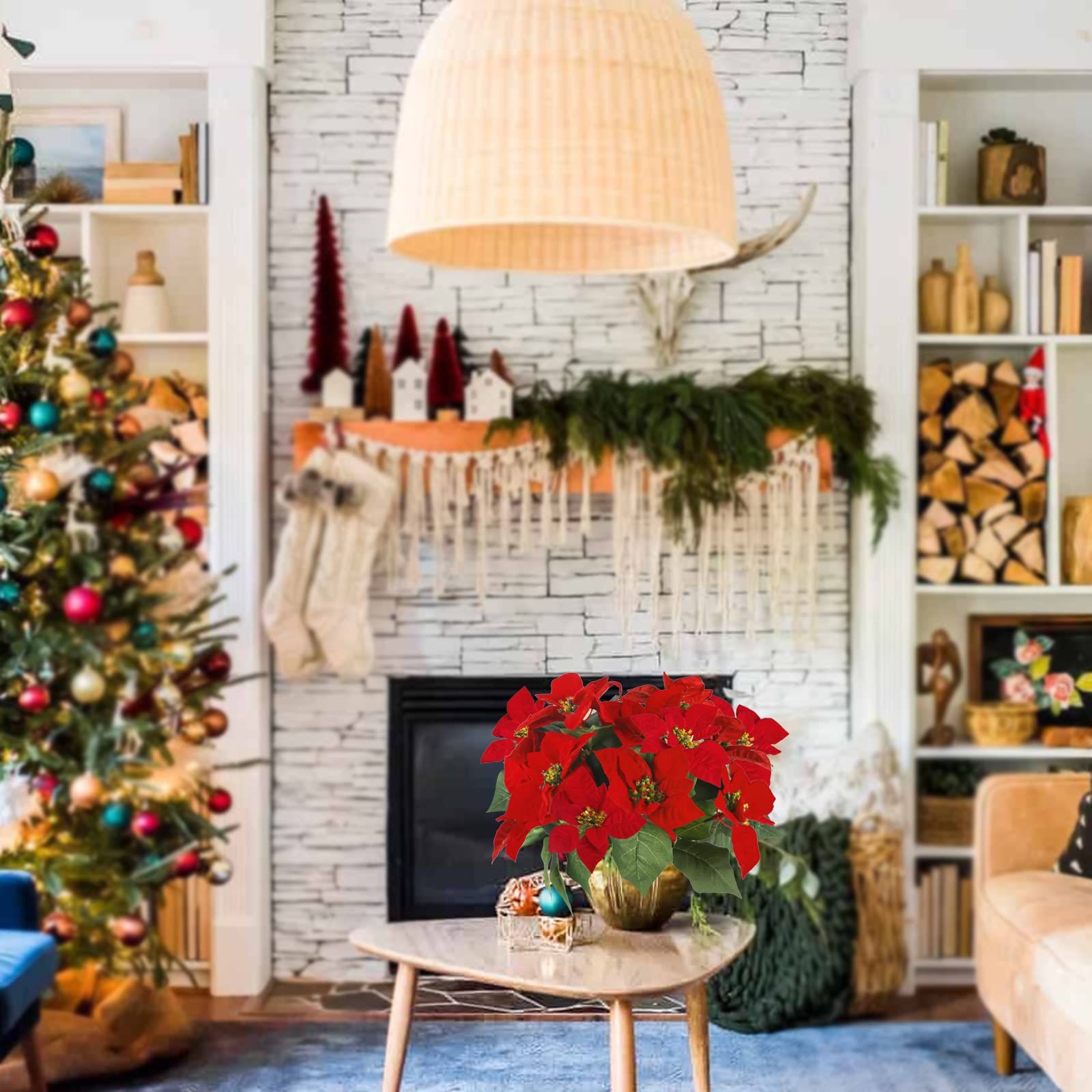 HO2NLE Lot de 3 bouquets de fleurs artificielles de Noël poinsettia - Arrangement floral pour Noël, centres de table, vases, décoration de vacances d'hiver