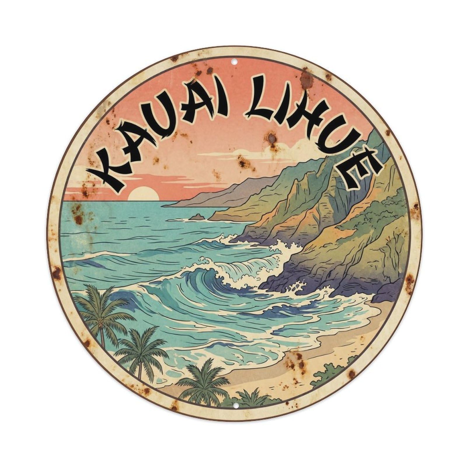 Kauai Lihue Beach Destination Vintage Woodcut Metal Tin Sign