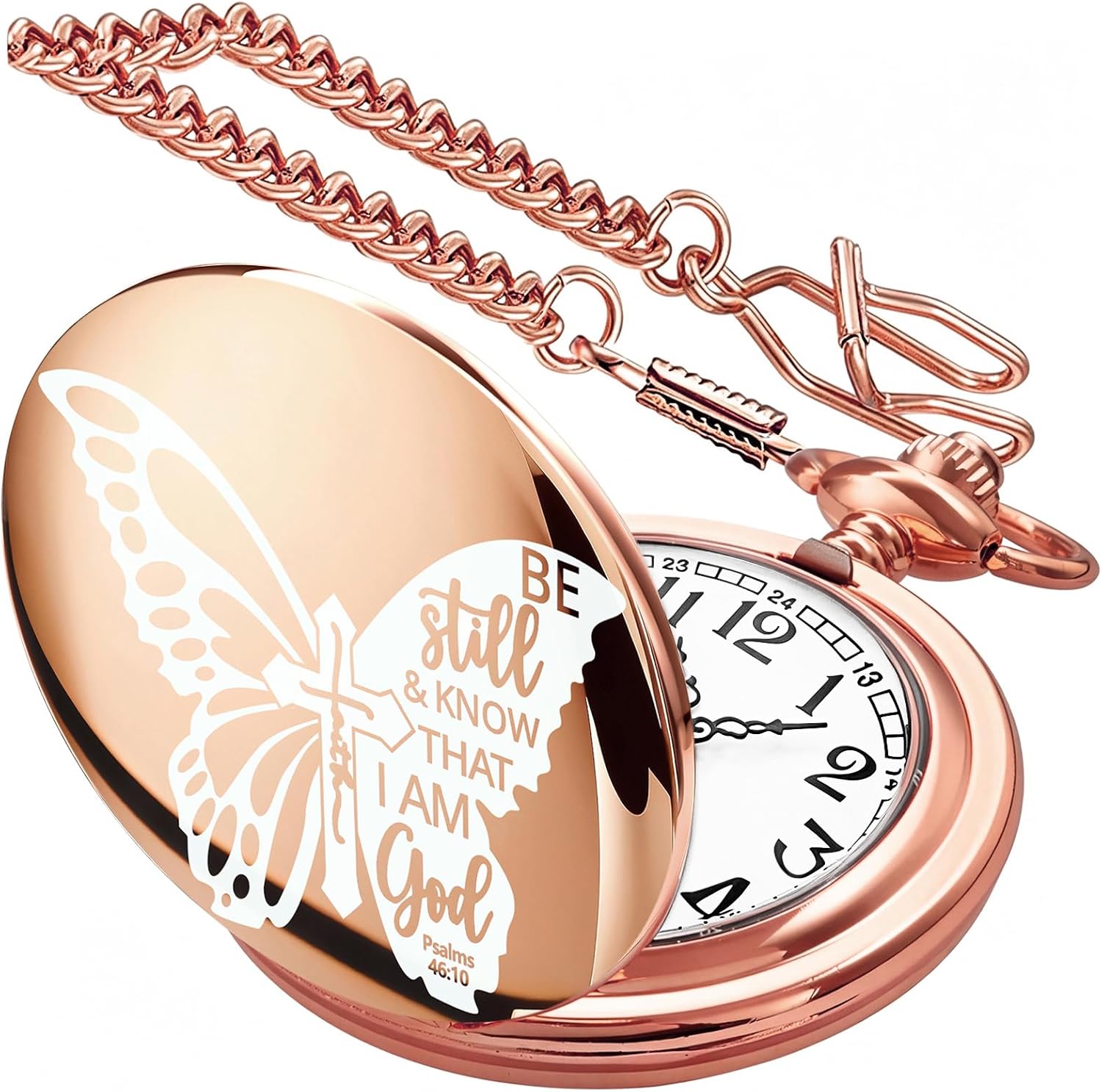 Tiong Bible Verse Pocket Watch Vintage Quartz Pocket Watches Cross Butterfly Pattern with Chain Christmas Graduation Birthday Gifts Father’s Day Mother’s Day