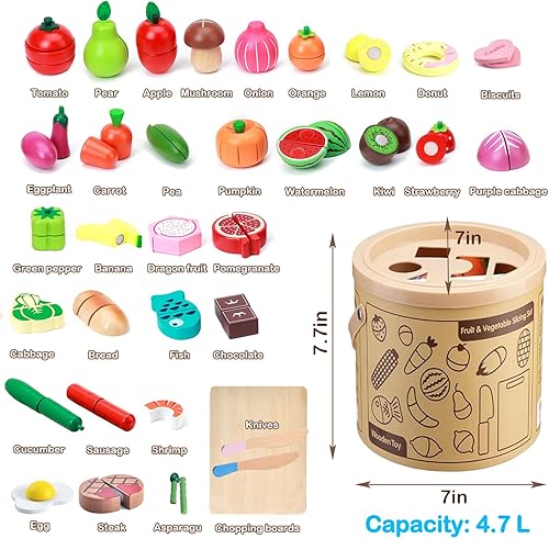 Miniatura 6 de Accesorios de cocina de juguete, comida de madera para jugar, cortar frutas y verduras, juguetes para niños pequeños de 3 años en adelante con