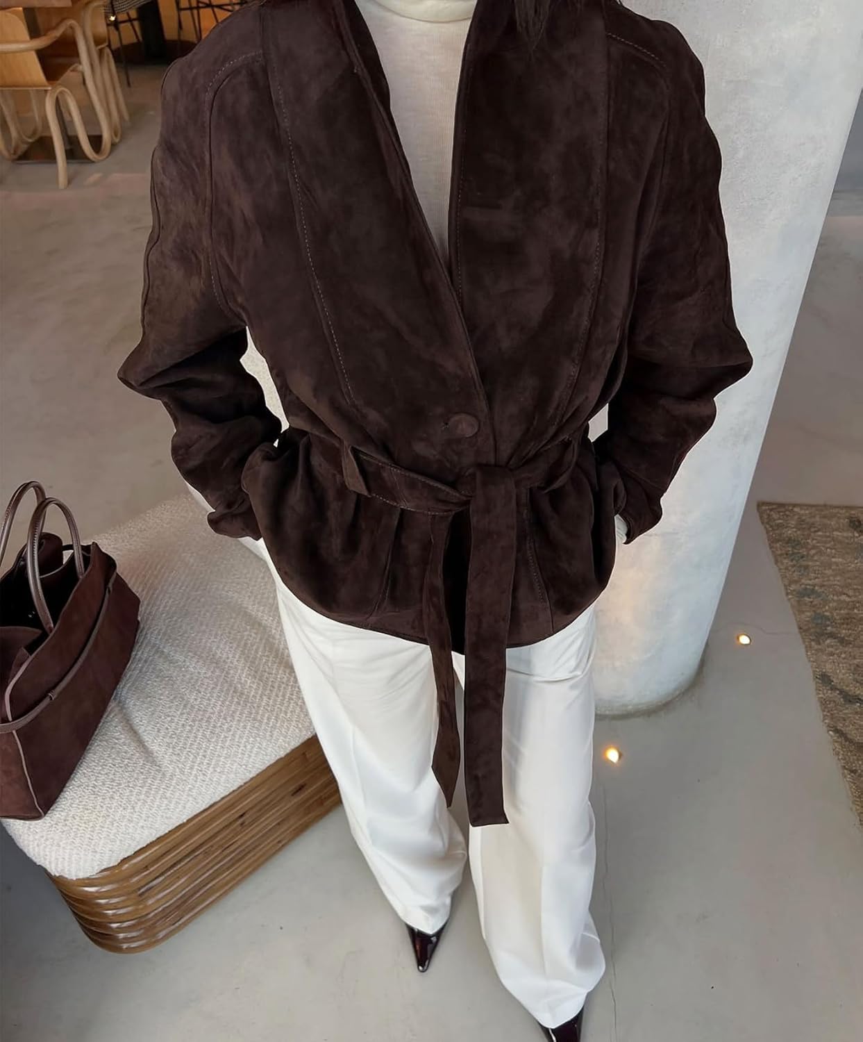 Womens Faux Suede Jacket with Belt Long Sleeve Button Down Belted Suede Leather Jacket Coats - Image 3