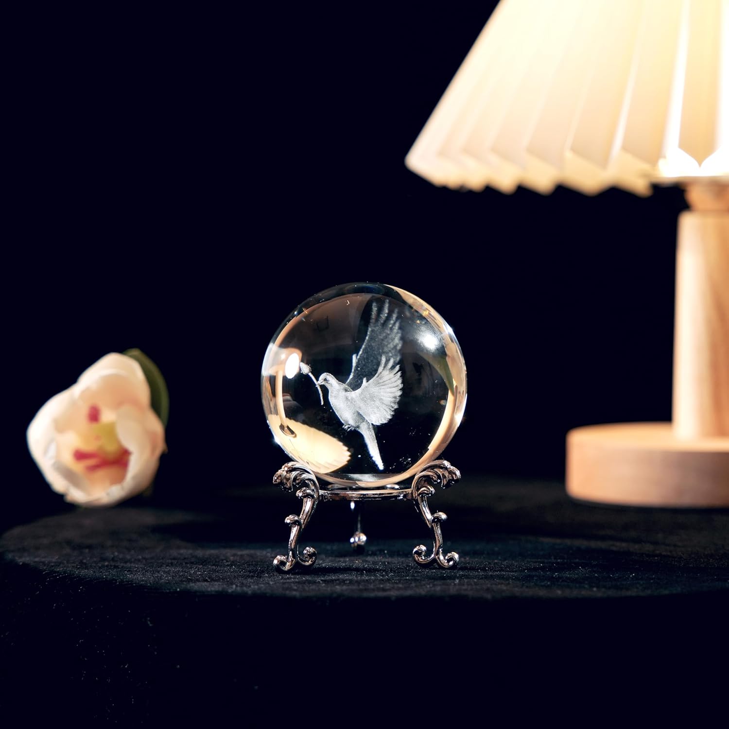 60mm 3D Inner Carving Peace Dove Crystal Ball Paperweight with Sliver Stand Glass Pigeon Decorative Balls Keepsakes for Christmas Anniversary - Image 4