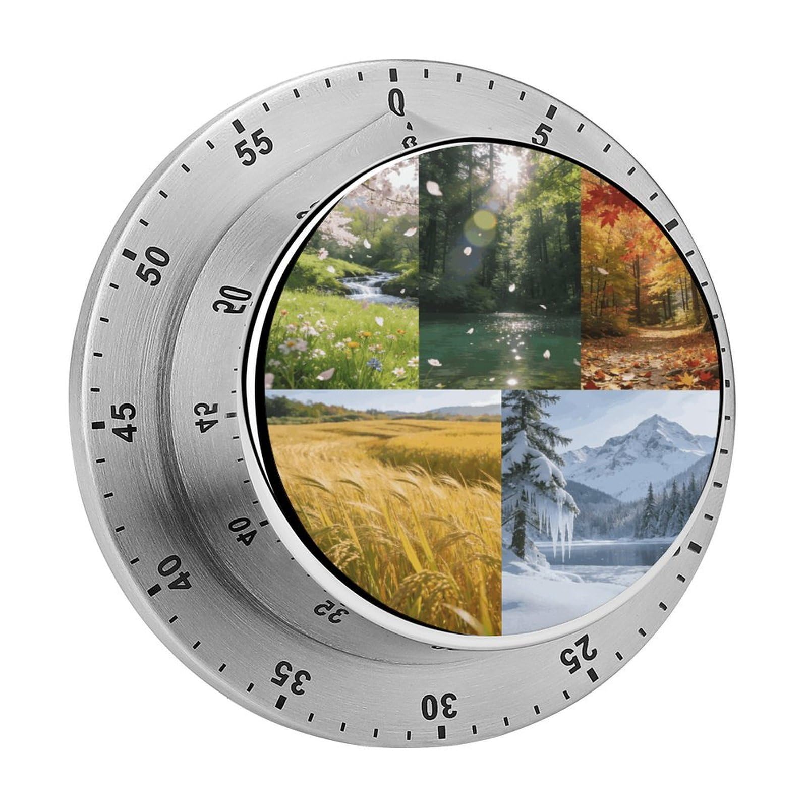Scenery of The Four Seasons Timer Exquisite Stainless Steel Body Desk Visual Timer with Loud Alarm 60-Minute Mechanical Countdown Timers Magnetic Backing Cooking Kitchen Timers for Work
