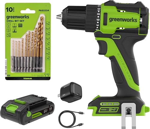 PowerAll 24V Cordless Brushless 3/8" 280 in-lbs Drill/Driver, Lightweight,19+1 Clutch, 2.0Ah USB-C Battery (12,000mAh Power Bank),30W USB-C Charger and Cable,10PC Titanium Drill Bit Set